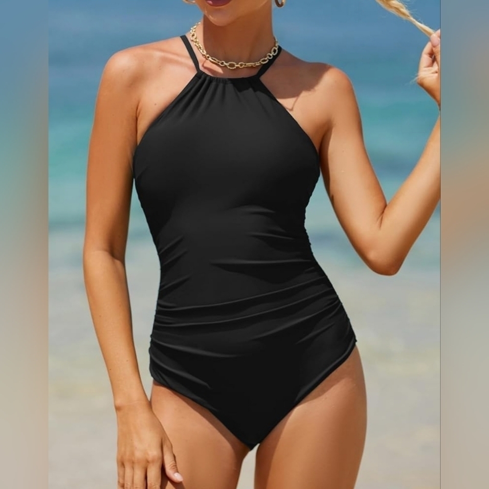 Holipick High Neck Criss Cross Back Black Swimsuit Size M